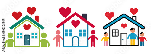 Happy family homes with hearts symbolizing love and unity