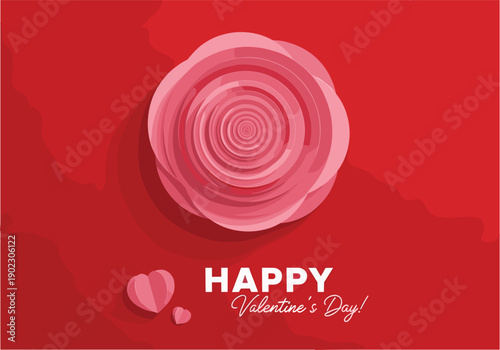 Happy Valentines Day Greeting Card with Beautiful Pink Rose Flower on Red Background Featuring Romantic Hearts and Elegant Typography for February 14 Celebration Vector Illustration