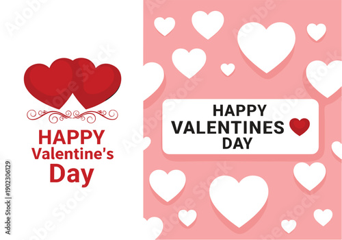 Happy Valentines Day Card Design with Red Hearts and Pink Background Featuring White Heart Pattern and Romantic Love Typography for Seasonal Greeting Vector Illustration