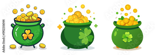 Lucky leprechaun pots overflowing with gold coins
