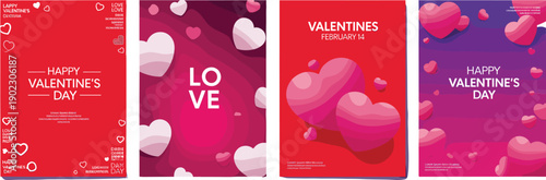 Happy Valentines Day Greeting Card Set with Red and Purple Backgrounds Featuring Romantic Hearts Love Shapes and Elegant Typography for February 14 Celebration Vector Illustration