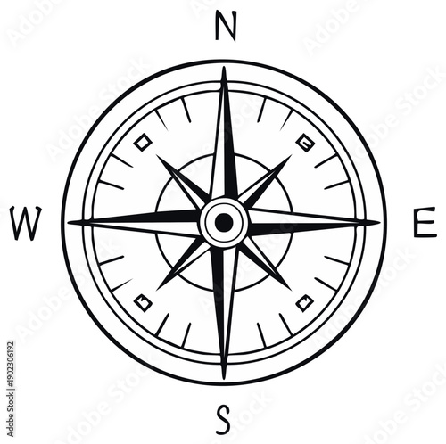 Line Art Compass Rose with Points Indicating Directions Vector Illustration Tool for Navigation and Cartography