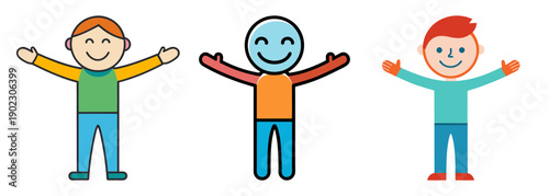 Three joyful characters with open arms ready for a hug