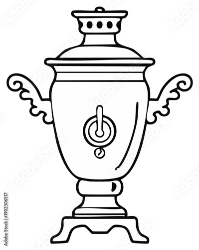 Detailed line art drawing of a metal samovar for traditional tea preparation with decorated handles and ornate base