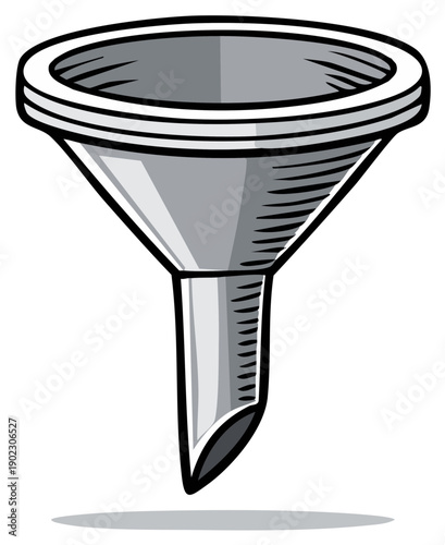 Stylized grey metal funnel illustration for pouring liquids or filtering processes