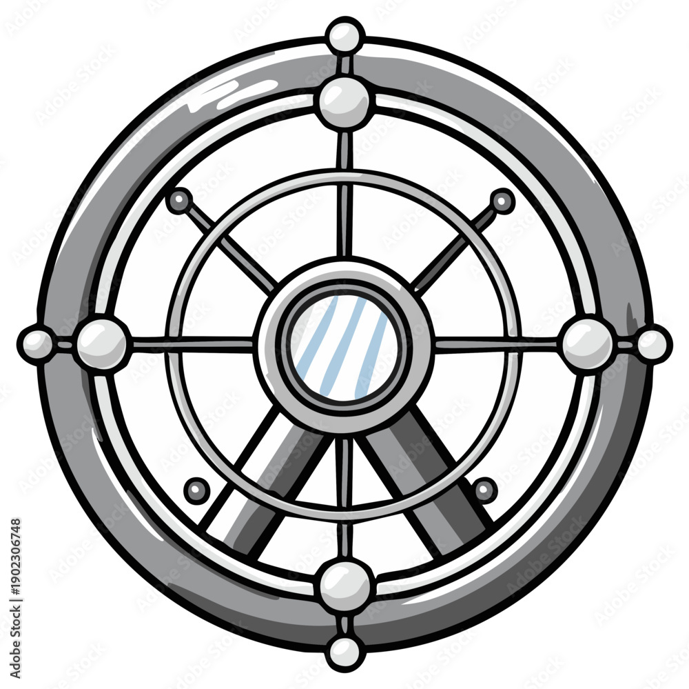 Obraz premium Cartoon-style ship's wheel illustration with metallic gray and silver tones.
