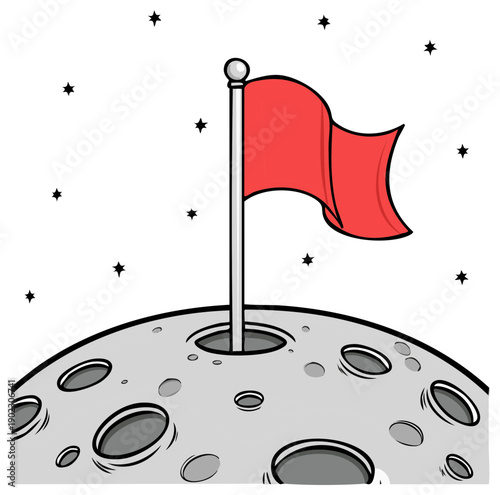 Lunar Surface with Red Flag Milestone against Starry Sky Cartoon Vector Illustration