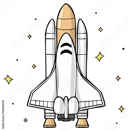 Space Shuttle Cartoon Launching with Stars, White and Tan Rocket Illustration