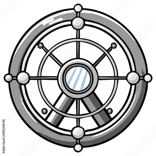 Cartoon-style ship's wheel illustration with metallic gray and silver tones.