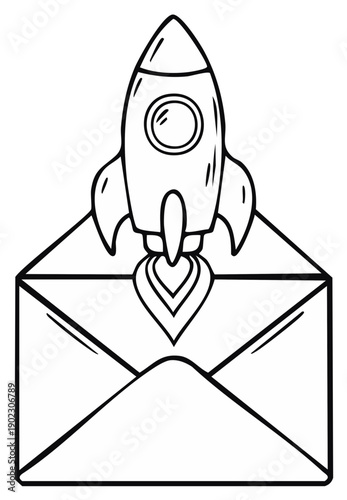 Cartoon rocket launching from an open envelope icon symbolizing fast email and message delivery