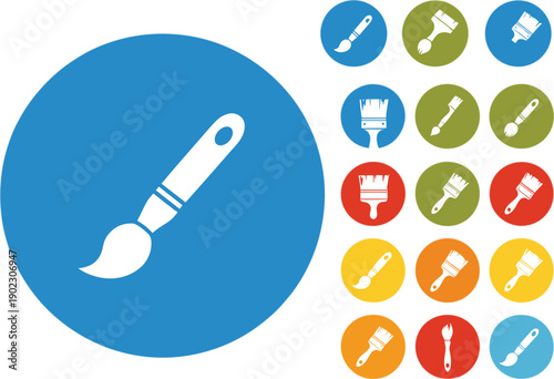 Colorful paint brush icon set with flat round colorful buttons for art design school painting creative tools and artist supplies.