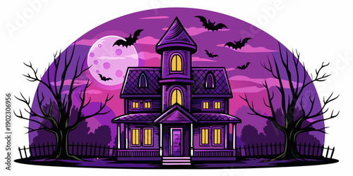 A spooky haunted house illustration with bats flying under a full moon