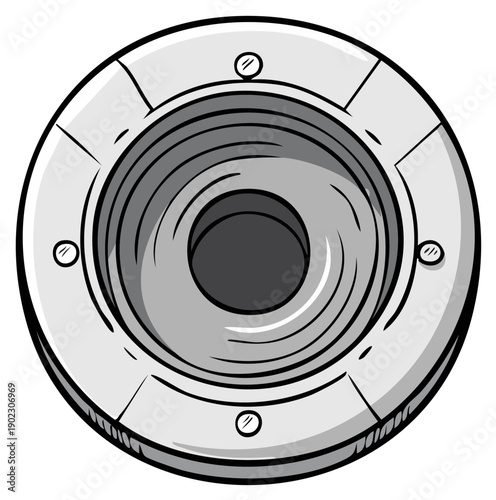 Cartoon drawing of a grey and white machine element with a circular design