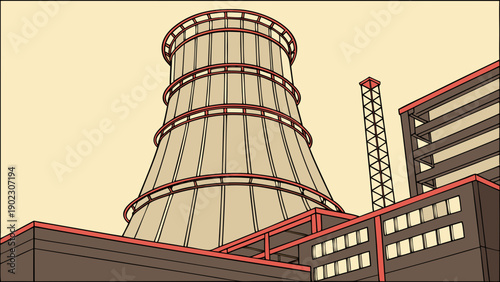 Industrial cooling tower at modern power plant facility