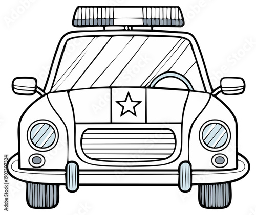 Front View of a Police Car, Vehicle Outline, Coloring Book Page, Isolated White Background
