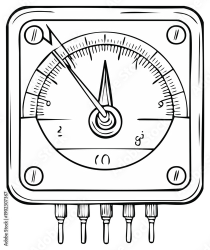 Retro Style Ohmmeter Illustration: Analog Meter with Needle and Scale in Detailed Hand-Drawn Line Art