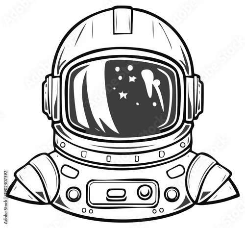 Astronaut Helmet and Spacesuit Illustration, Black and White Graphic for Space Exploration and Cosmic Adventure