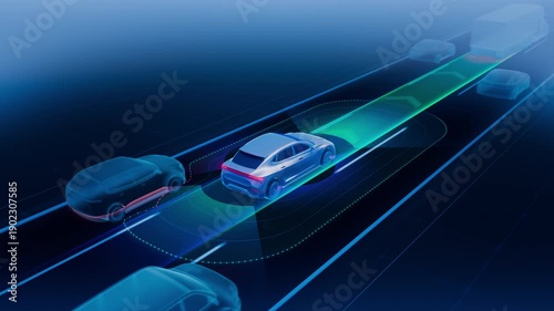 3D Animation of an Self-Driving Car Illustrating Sensors and Advanced Cruise Control Capabilities. Mock-up of a Autonomous Car Dark Blue UI showing Surrounding Traffic and Lane Keeping Technology.