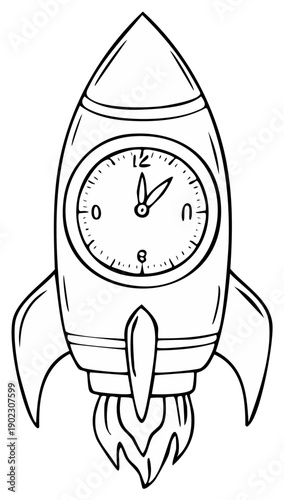 Cartoon rocket spaceship with a clock timer illustration launching upwards showing time concept