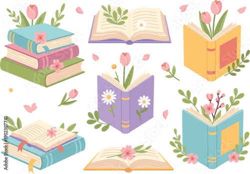 Flat vector illustration set of open and stacked books with spring flowers tulips and daisies for reading and education concepts.
