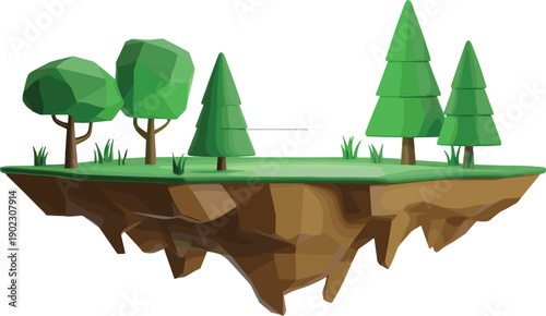 Low poly floating island, polygonal trees illustration, fantasy environment artwork, geometric landscape design, stylized digital scene, imaginative concept, stock image