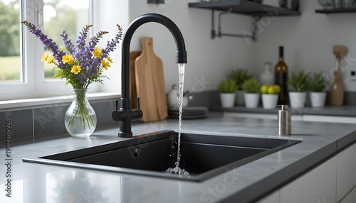Modern kitchen sink with running water, flowers, and kitchen utensils visible in a bright and clean environment from a straight viewpoint