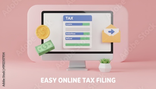 Computer screen showing an online tax application with income, deductions and refund fields, surrounded by cash, a coin and outgoing email, illustrating digital tax filing and finance