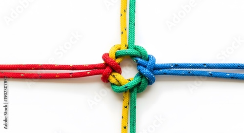 Square knot with colorful ropes on white background suitable for crafts, diy projects, boating, outdoor activities, nautical themes, tutorials.