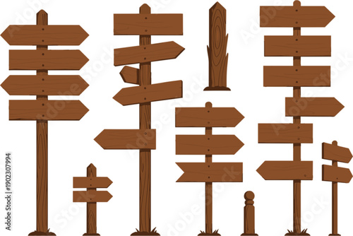 Rustic wooden signpost collection with various directional blank boards and timber planks isolated on white background flat vector.