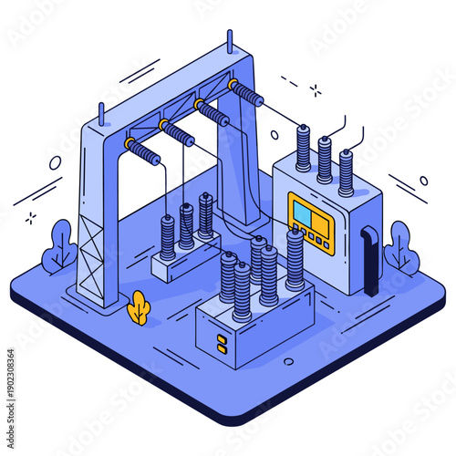 Isometric illustration of a modern electrical substation with high-voltage equipment. No editable stroke