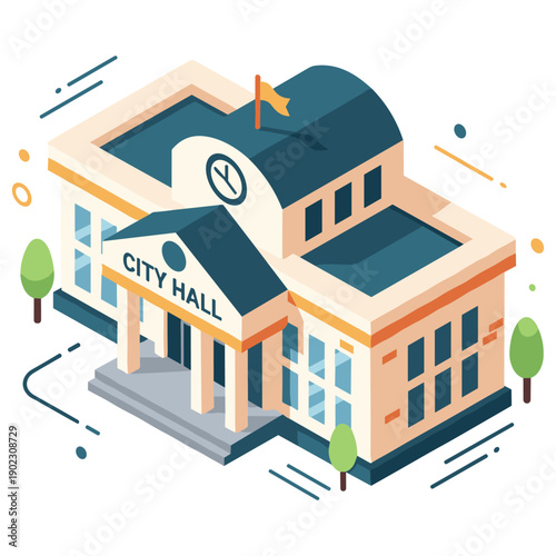 Isometric illustration of city hall building with columns and clock tower