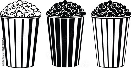Black and White Silhouette Vector Illustration Featuring Three Detailed Striped Tubs Overfilling with Delicious Popcorn Isolated on a White Background for Movie Theater Graphics