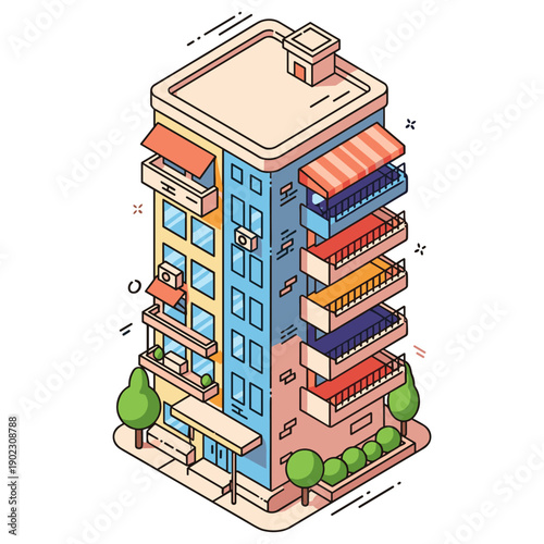Colorful isometric apartment building with balconies and trees