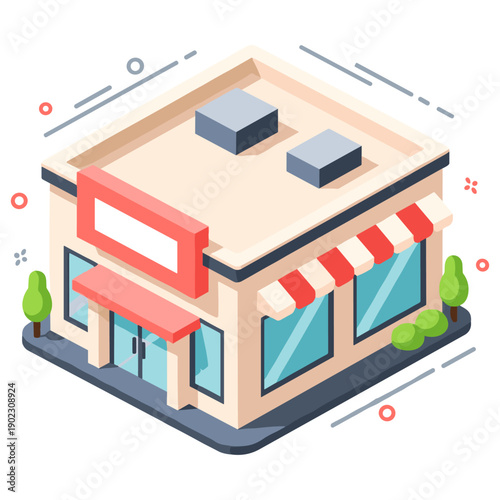 Isometric illustration of a small urban storefront with red awnings