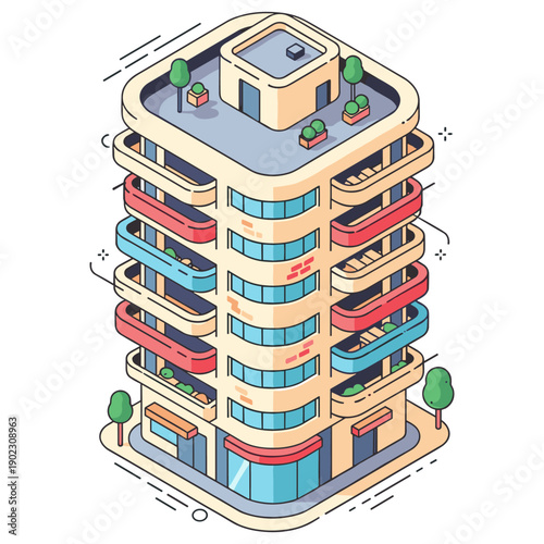Modern isometric city building with rooftop garden and balconies