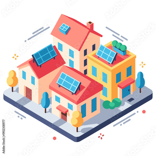 Colorful isometric city block with solar panels on rooftops