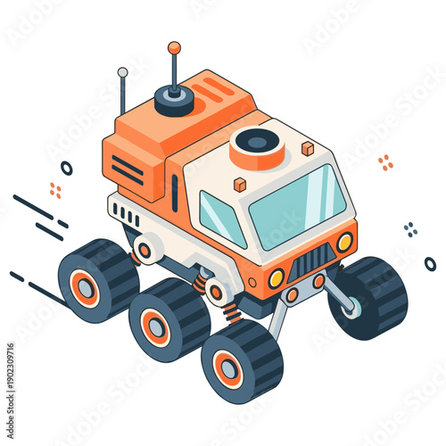 Futuristic cartoon mars rover with orange and white design and six wheels. No editable stroke
