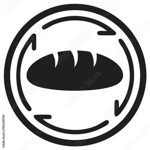 Fresh bread loaf inside circular arrows icon representing bakery production or food distribution.