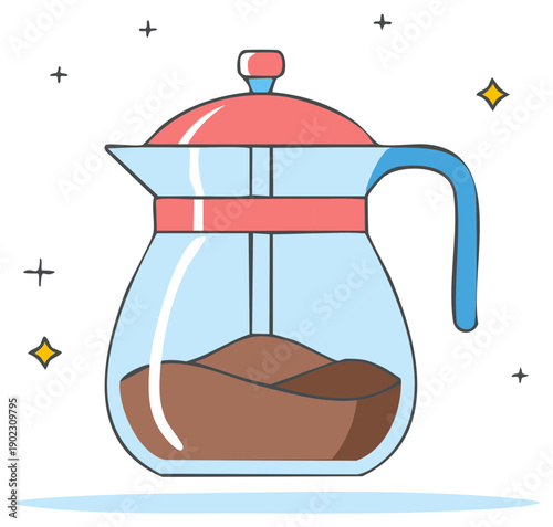 Cute hand drawn illustration of a glass French press coffee maker with grounds