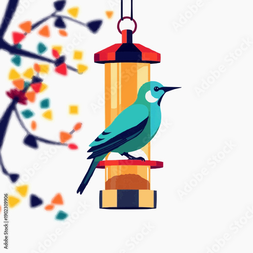 Colorful bird perched on bird feeder with autumn foliage background  