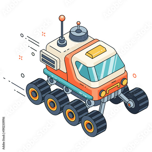 Cartoon space rover with six wheels and antenna on white background. No editable stroke