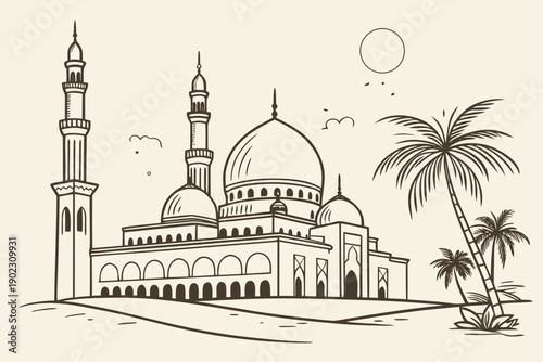 A serene mosque with a majestic dome and minaret under a clear sky isolated on transparent background, isolated on white background, Vector