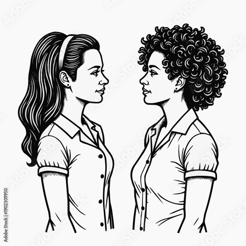 Two women facing each other with different hairstyles in profile view  