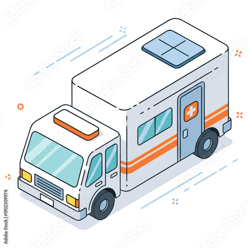 Isometric cartoon ambulance with motion lines and medical symbols on white background. No editable stroke