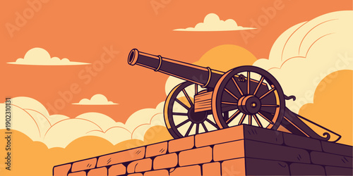 Vintage cannon on brick wall at sunset