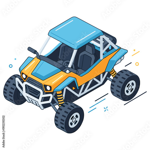 Colorful off-road buggy cartoon illustration with dynamic details. No editable stroke