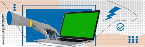 Halftone pop art dot style illustration of a hand reaching toward a laptop with a green screen, vector illustration