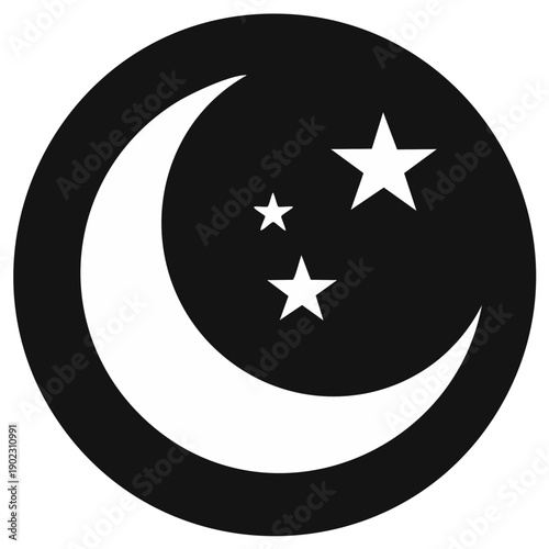 Stylized Crescent Moon and Star Icon on Black Circular Background Simple Vector Graphic