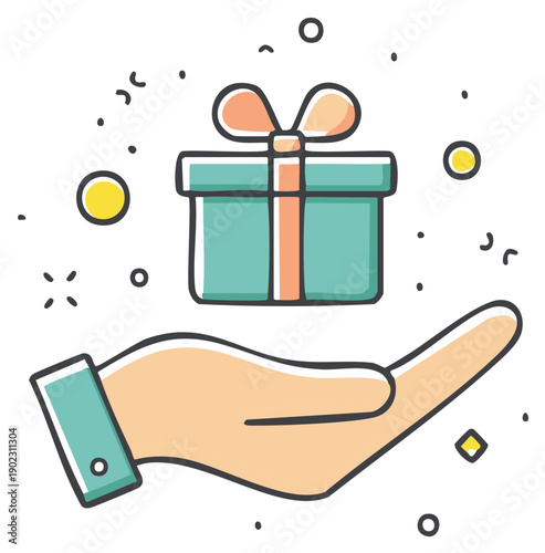Hand Presenting Wrapped Gift Box with Bow, Illustration with Dotted Background, Giving Gift