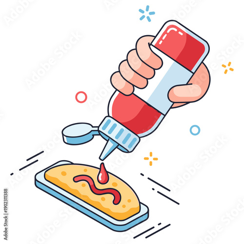 Hand dispensing ketchup onto hot dog illustration with colorful accents